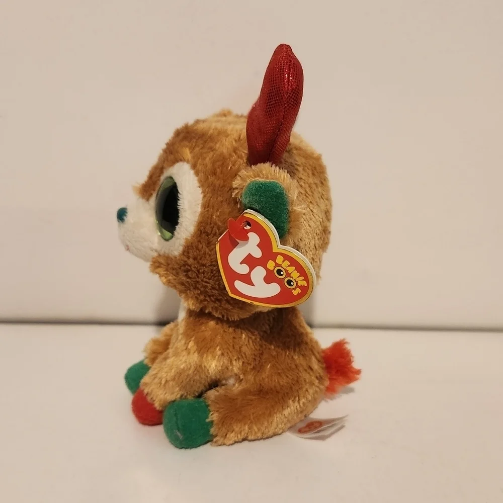 6” Ty Alpine Reindeer Plush Christmas Themed Red Antlers and Green Eyes